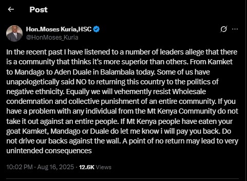Part of a statement from Moses Kuria. PHOTO/Screengrab by PD Digital/@HonMoses_Kuria/X