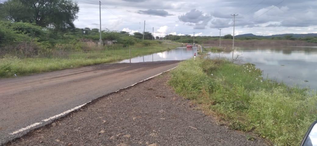 A section of the Marigat–Loruk Road that has been affected following flooding caused by the rising water levels of Lake Baringo. PHOTO/@KeNHAKenya/X