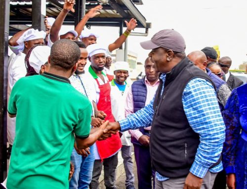 Former Interior CS Fred Matiang'i interacts with hotel workers in Ruiru after his return from the US. PHOTO/@_DCPTV/X
