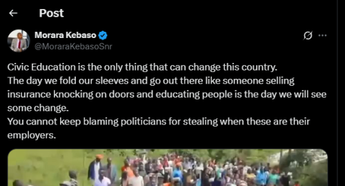 A post shared by Morara Kebaso on his X account. PHOTO/Screengrab by PD Digital from @MoraraKebasoSnr