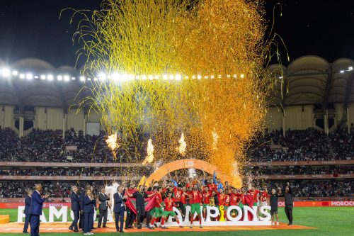 Morocco players lifting the CHAN trophy at Kasarani Stadium on Saturday, August 30, 2025. PHOTO/@WilliamsRuto/X