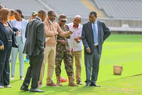 CHAN 2024 LOC Chairman Nicholas Musonye (R) leads a delegation from CAF in stadia inspection at Kasarani. Photo/https://www.facebook.com/100054206910852/posts/pfbid02ecyCPKj4YLzq3LzLT5GTcFJkpY814fpVSb8BdpjhDPju87aPRYRMWufVmScMyJQZl/?app=fbl