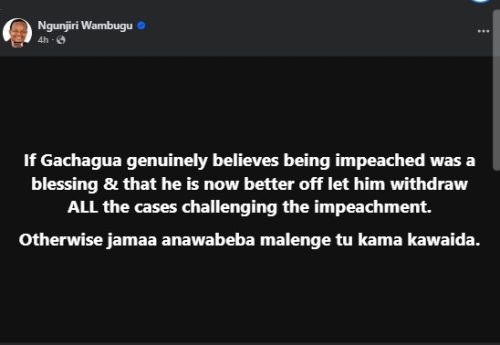 Part of the statement from Ngunjiri Wambugu on Saturday August 23, 2025. PHOTO/Screengrab by PD Digital/https://www.facebook.com/NyeriPolitician