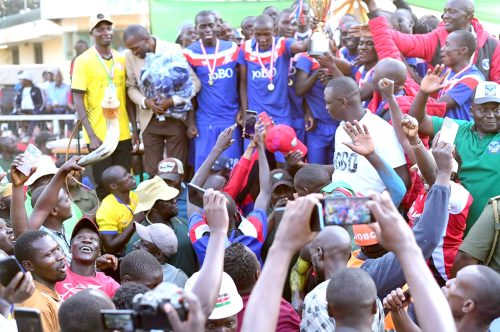 St Joseph Boys (JOBO) celebrate after clinching the Kenya Secondary Schools Sports Association (KSSSA) Term Two football national championship title at Mumias Complex Stadium on Saturday, August 2, 2025. PHOTO/Emmanuel Rono