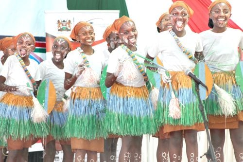 A girls’ school presenting a Meru folk song at the Kenya Music Festival at Meru School. PHOTO/George Orido   