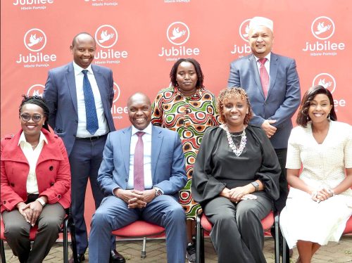 Jubilee Party Secretary-General Jeremiah Kioni (seated, 2nd left) is joined by fellow party members after the August 5, 2025, National Executive Committee meeting in Nairobi. PHOTO/Jubilee Party