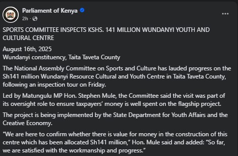 Part of the statement from Parliament of Kenya showing MPs visit to Wundanyi Resource Cultural and Youth Centre. PHOTO/Screengrab by PD Digital/https://web.facebook.com/ParliamentKE