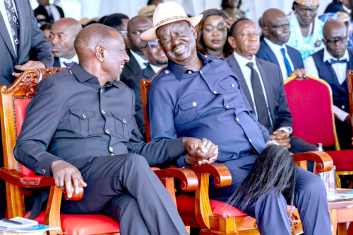 President William Ruto and ODM leaders Raila Odinga at the funeral of Phoebe Asiyo, at Wikondiek in Homa Bay county on August 8, 2025. PHOTO/PCS
