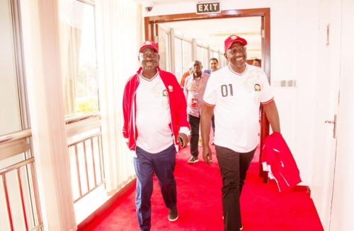 President William Ruto with ODM leader Raila Odinga at Kasarani stadium in Nairobi yesterday for the Zambia verses Kenya CHAN encounter. PHOTO/Emmanuel Wanson