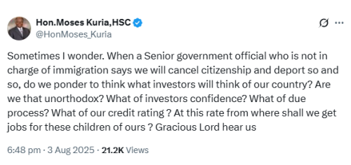 Moses Kuria's X. PHOTO/Screengrab by People Daily Digital