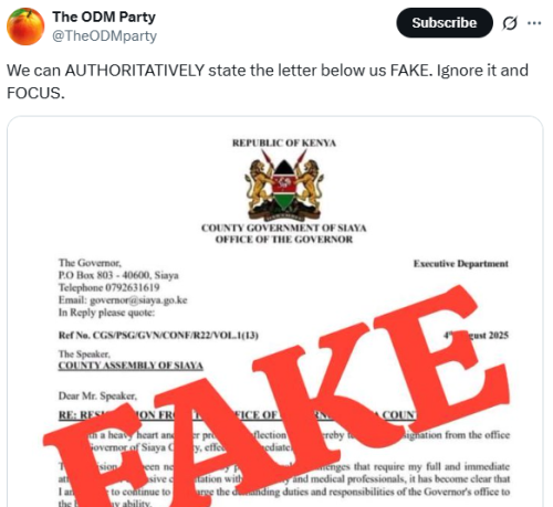 ODM flags fake Orengo resignation letter in X post. PHOTO/Screengrab by People Daily Digital