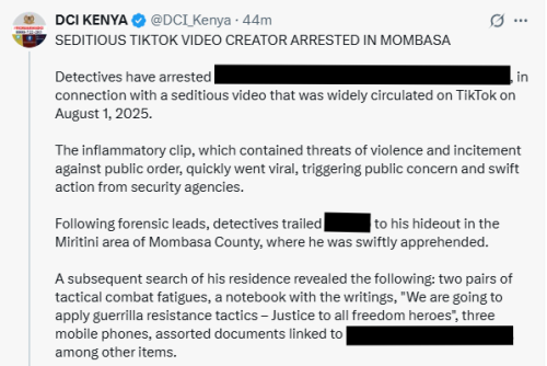 X post by the DCI. PHOTO/Screengrab by People Daily Digital
