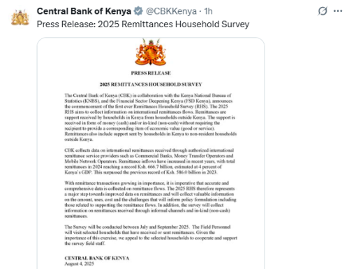 X post by @CBKKenya. PHOTO/Screengrab by People Daily Digital.