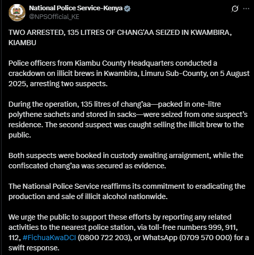 Police statement on the operation conducted in Kiambu. PHOTO/A screengrab by People Daily Digital from an X post by @NPSOfficial_KE