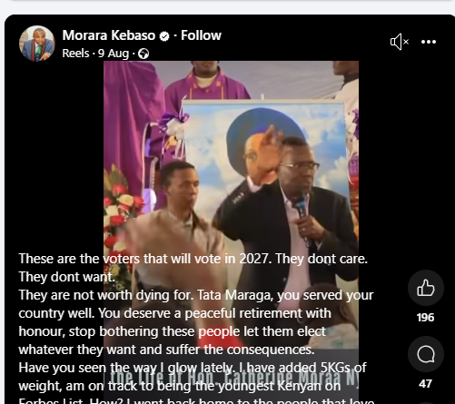 A post by Morara kebaso. PHOTO/Screengrab by People Daily Digital/https://www.facebook.com/morara.kebaso