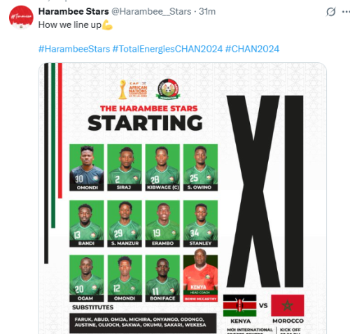 X post by Harambee Stars. PHOTO/Screengrab by People Daily Digital