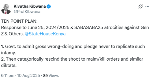 X post by Kivutha Kibwana. PHOTO/Screengrab by People Daily Digital.