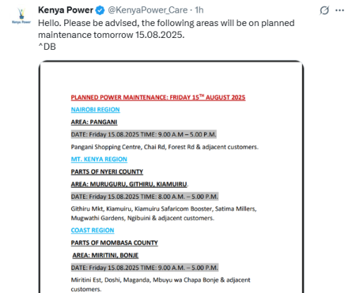X post by Kenya Power. PHOTO/Screengrab by People Daily Digital