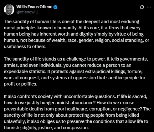 A screenshot of Willis Otieno's statement. PHOTO/Screengrab by People Daily Digital from a statement shared on X by @otienowill