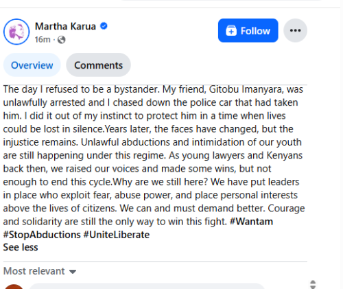 A post by Martha Karua. PHOTO//Screengrab by People Daily Digital/http://facebook.com/watch/?v=743662388280678&rdid=wUHu8tjCoUG6oPFL