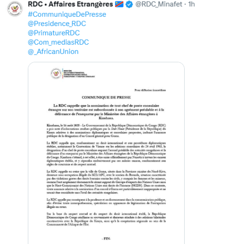X post from Congolese Ministry of Foreign Affairs. PHOTO/Screengrab by People Daily Digital