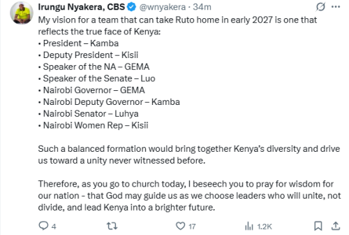 Statement by DCP Party Nairobi Patron Irungu Nyakera on 2027 polls. PHOTO/A screengrab by People Daily Digital from a post by@wnyakera
