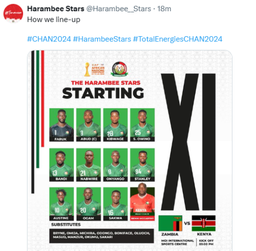 X post by Harambee Stars. PHOTO/Screengrab by People Daily Digital