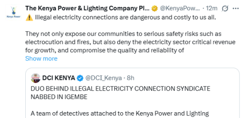 X post by Kenya Power. PHOTO/Screengrab by People Daily Digital