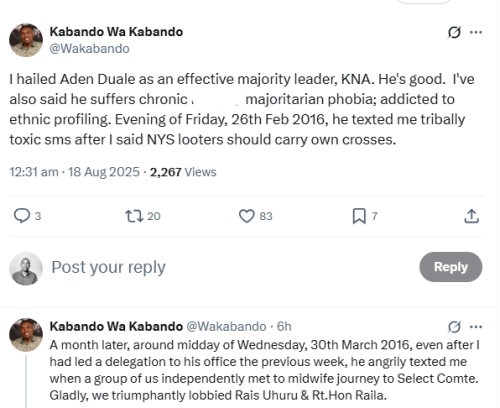 X post by Kabando Wa Kabando. PHOTO/Screengrab by People Daily Digital