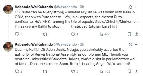 X post by Kabando Wa Kabando. PHOTO/Screengrab by People Daily Digital