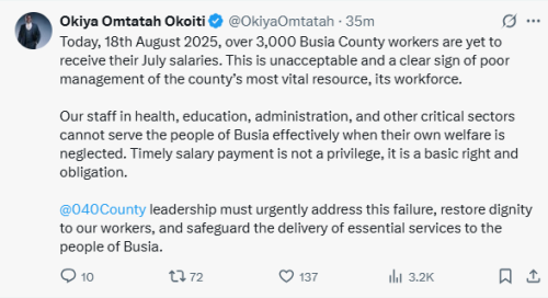 X statement by Okiya Omtatah. PHOTO/Screengrab by People Daily Digital