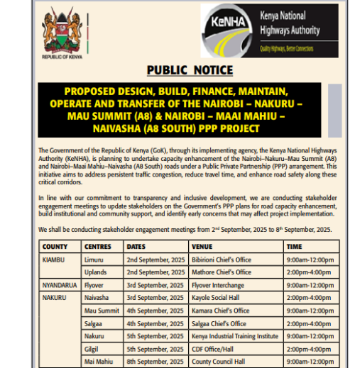 Public notice by KENHA. PHOTO/Screengrab by People Daily Digital