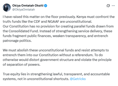 X post by Okiya Omtatah. PHOTO/Screengrab by People Daily Digital.