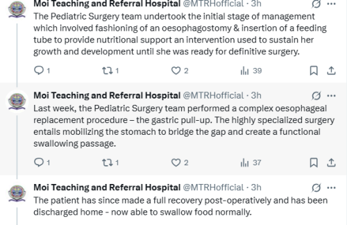 Part of the X post by Moi Teaching and Referral Hospital. PHOTO/Screengrab by People Daily Digital