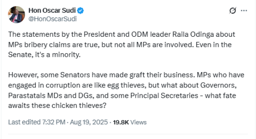 A screenshot of a statement by Kapseret MP Oscar Sudi. PHOTO/@HonOscarSudi/X