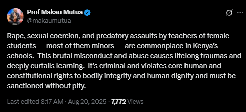 A screenshot of Makau Mutua's statement. PHOTO/Screengrab by People Daily Digital from a statement shared on X by @makaumutua
