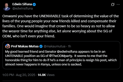 A screenshot of Edwin Sifuna and Makau Mutua's statements. PHOTO/Screengrab by People Daily Digital from a statement shared on X by @makaumutua and @edwinsifuna