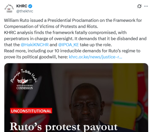 X post by KHRC. PHOTO/Screengrab by People Daily Digital