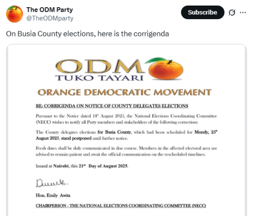 X post by the ODM Party. PHOTO/Screengrab by People Daily Digital