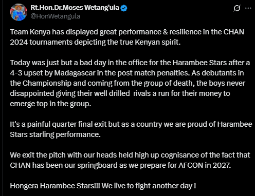 A screenshot of Wetang'ula's statement. PHOTO/Screengrab by People Daily from a statement shared on X by @HonWetangula