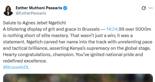 Agnes Ngetich celebrated by Esther Passaris on X. PHOTO/Screengrab by People Daily Digital