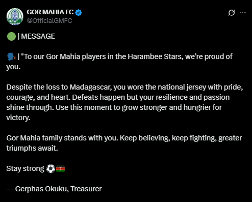 A screenshot of Gor Mahia's statement. PHOTO/Screengrab by People Daily from a statement shared on X by @OfficialGMFC