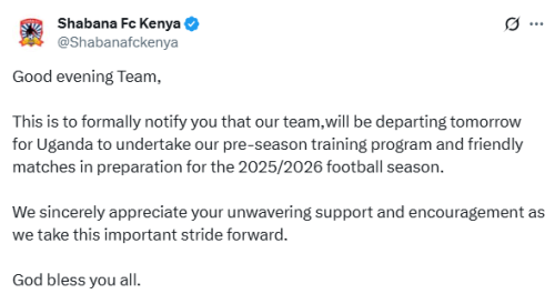 X post by Shabana FC. PHOTO/Screengrab by People Daily Digital