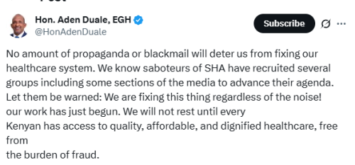 X post by Aden Duale. PHOTO/Screengrab by People Daily Digital