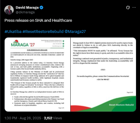 A screenshot of Maraga's statement. PHOTO/Screengrab by People Daily from a statement shared on X by @dkmaraga
