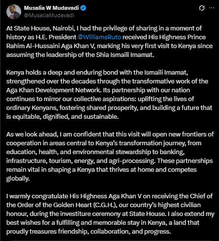 A screenshot of Mudavadi's statement. PHOTO/Screengrab by People Daily from a statement shared on X by @MusaliaMudavadi
