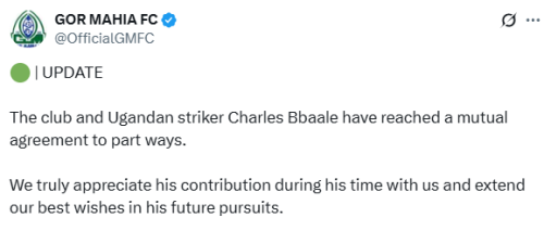 X post by Gor Mahia. PHOTO/Screengrab by People Daily Digital