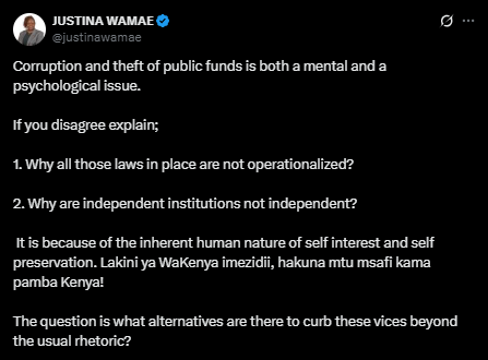A screenshot of Wamae's statement. PHOTO/Screengrab by People Daily from a statement shared on X by @justinawamae