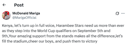 X post by McDonald Mariga. PHOTO/Screengrab by People Daily Digital