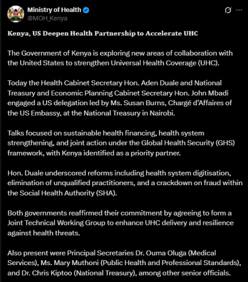 A screenshot of MOH’s statement. PHOTO/Screengrab by People Daily from a statement shared on X by @MOH_Kenya